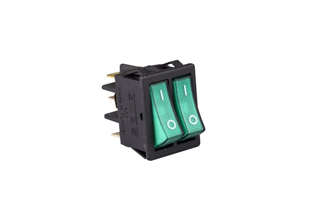 30*22mm Black Body 1NO+1NO with Illumination with Terminal with Bridge (0-I) Marked Green A12 Series Rocker Switch